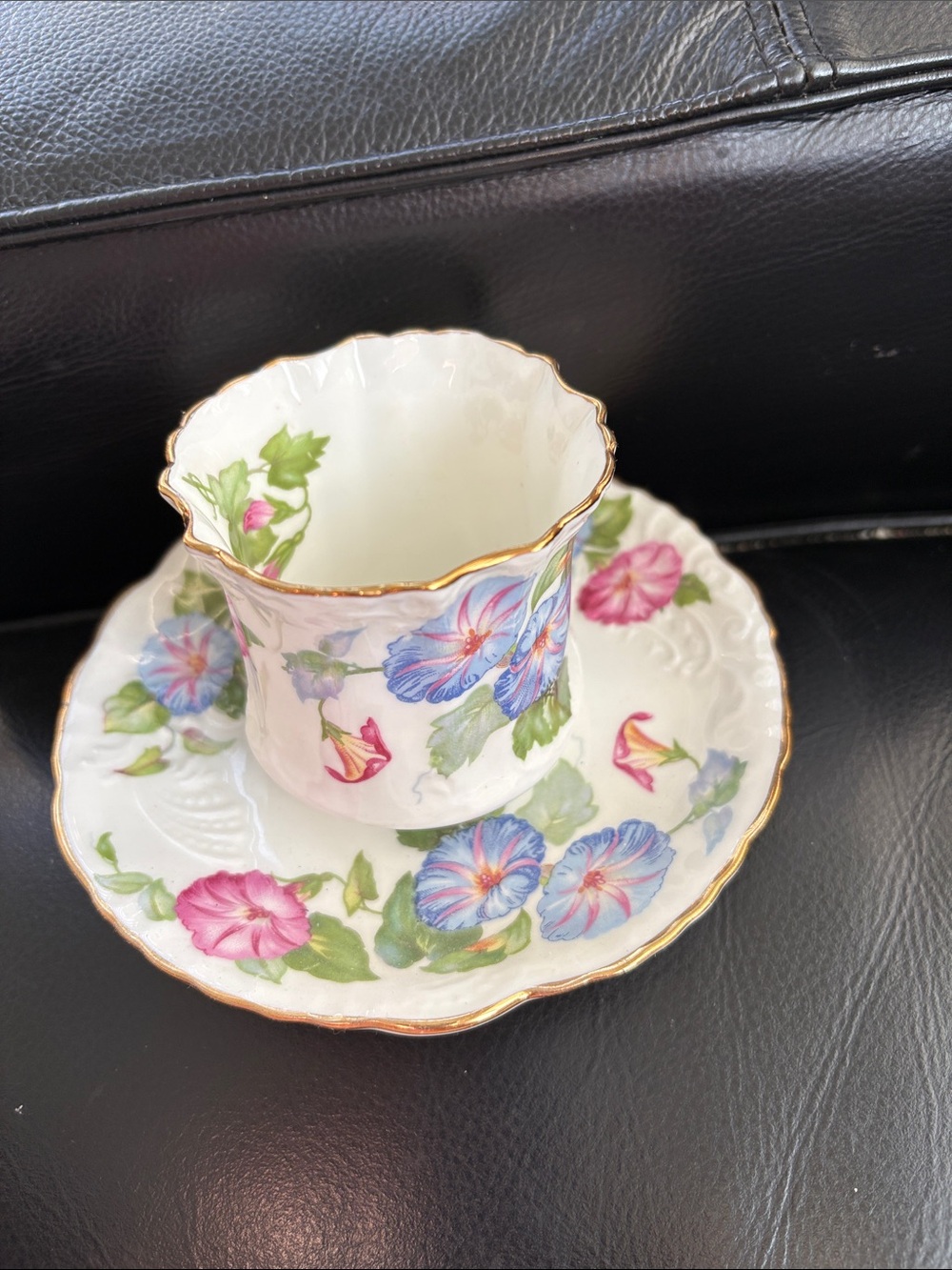 Vintage Floral Porcelain Teacup and Saucer Set with Gold Trim Morning Glory - Picture 2 of 8